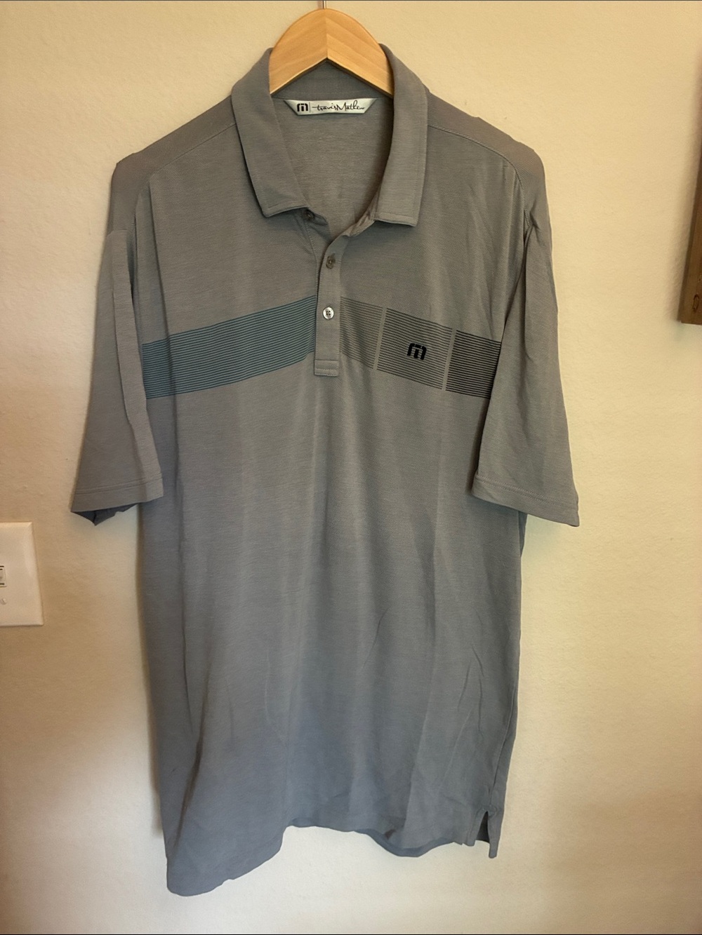 TravisMathew Coastal Chest Stripe Golf Polo - Quiet Shade Grey - size large
